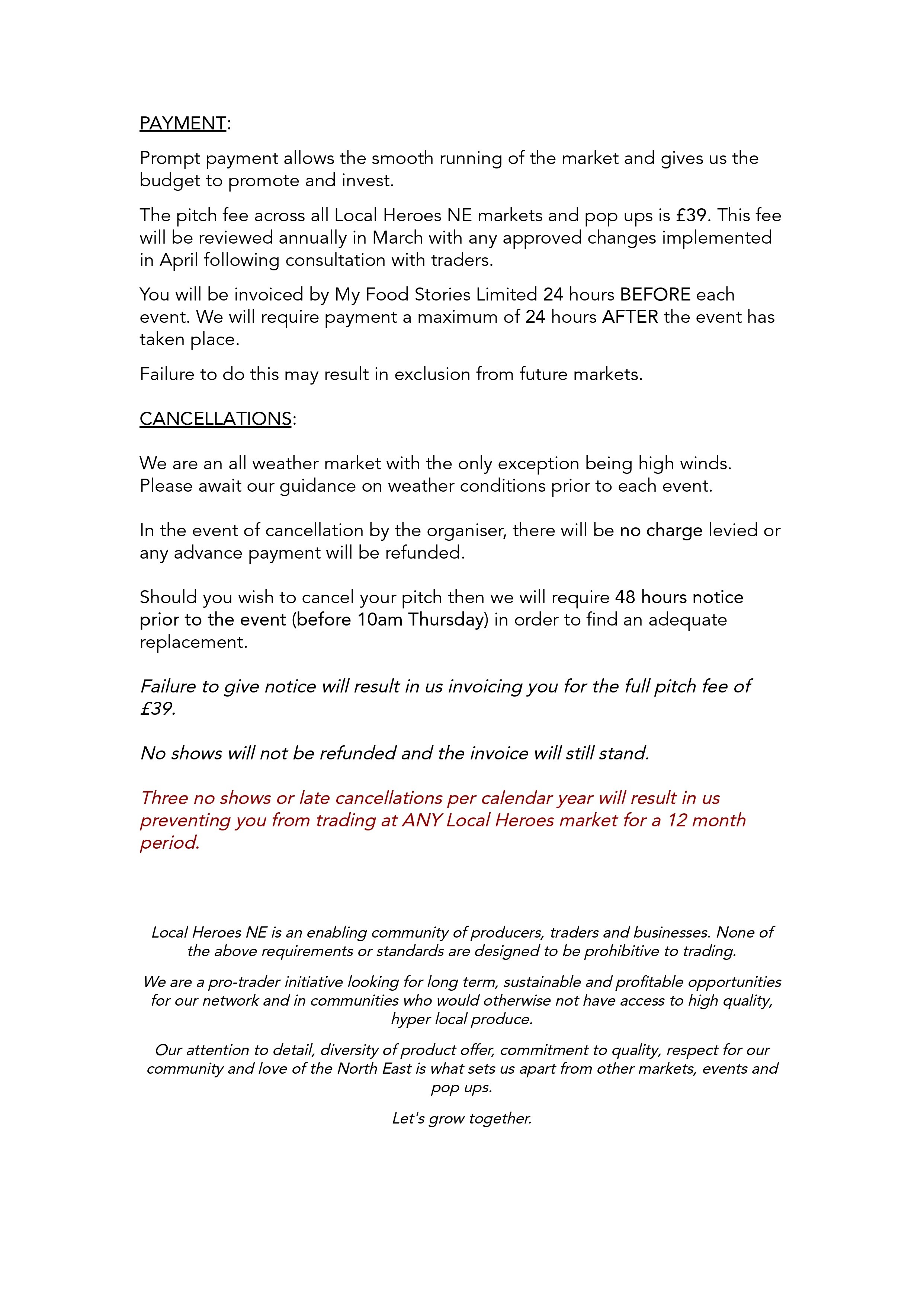 Local Heroes NE - Trading requirements, cancellation & payment - page 2-1